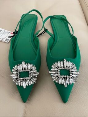 Zara Emerald Green Crystal-Embellished Pointed Slingback Flats